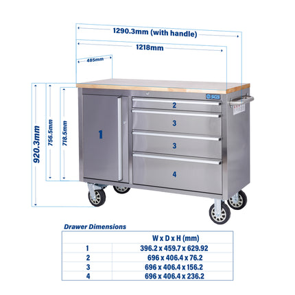 48 inch Stainless Steel 4 Drawer Work Bench tool chest Tool Box Chest Cabinet