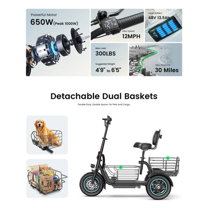 GYROOR C5 3 Wheel Electric Scooter With Seat and Basket