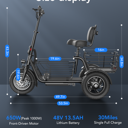 GYROOR C5 3 Wheel Electric Scooter With Seat and Basket