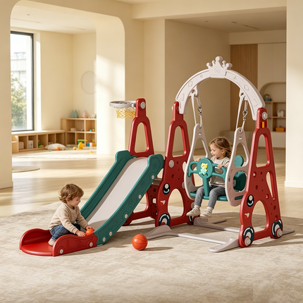 Multi-Colour Plastic Indoor/Outdoor Slide and Swing with Basket