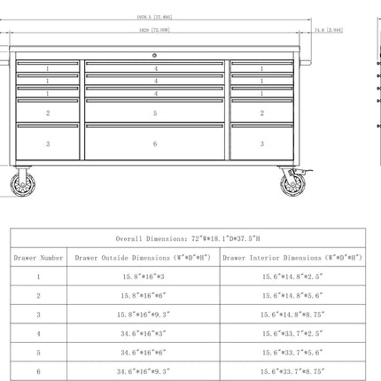 72 Inch 15 Drawers black Tool Chest workbench