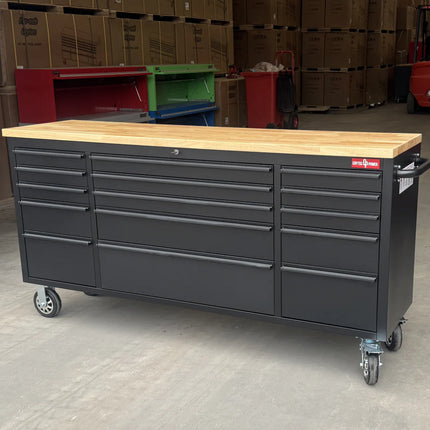 72 Inch 15 Drawers black Tool Chest workbench with wooden top